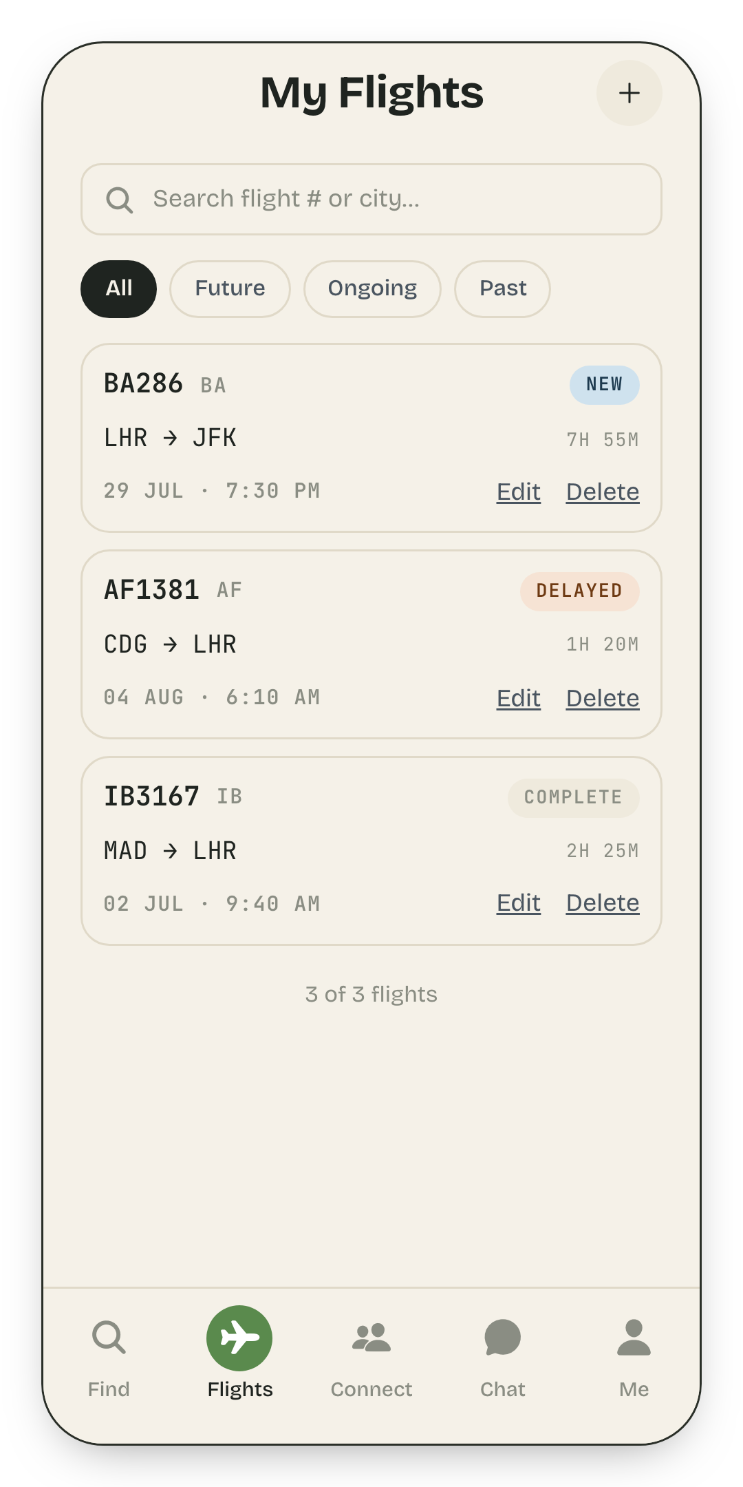 A list of saved flights with status badges