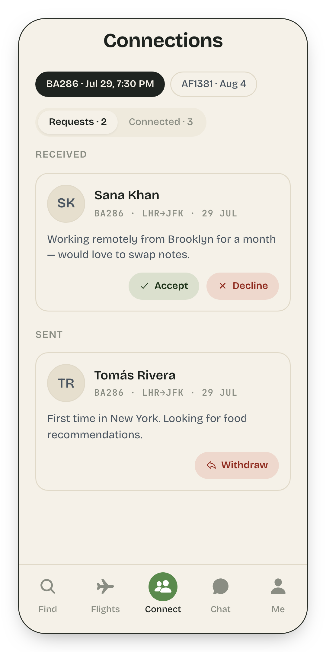 Incoming and sent connection requests, each with accept, decline or withdraw