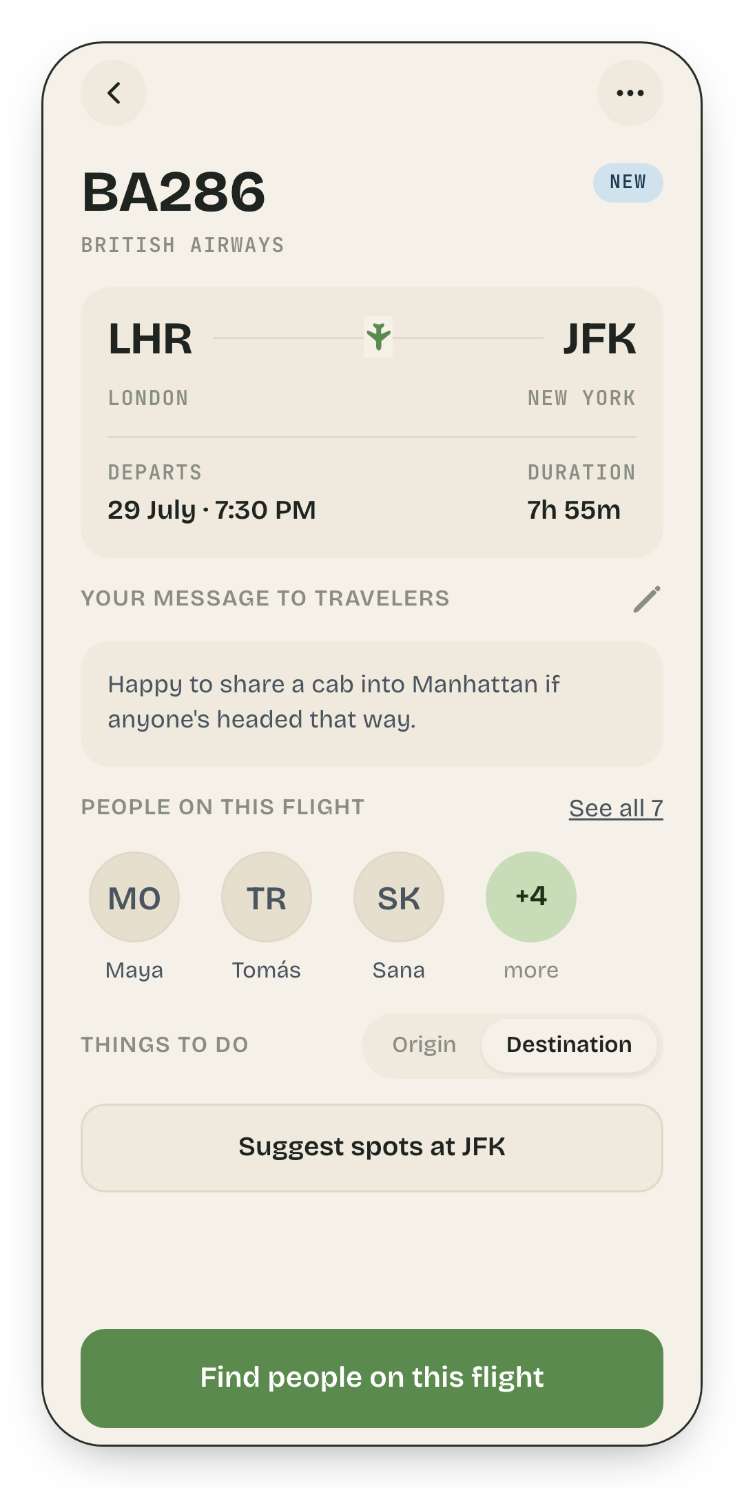 Flight detail showing route, times, and who else is on board
