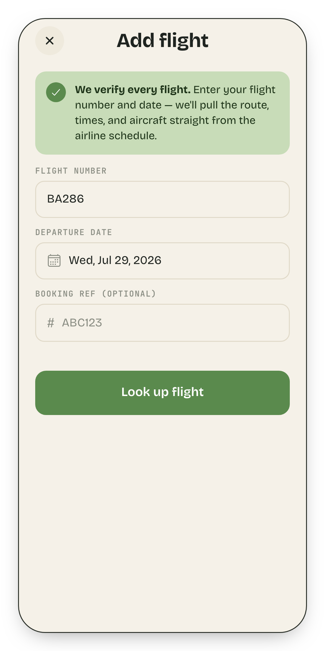 Adding a flight by number and date, with a note that every flight is verified