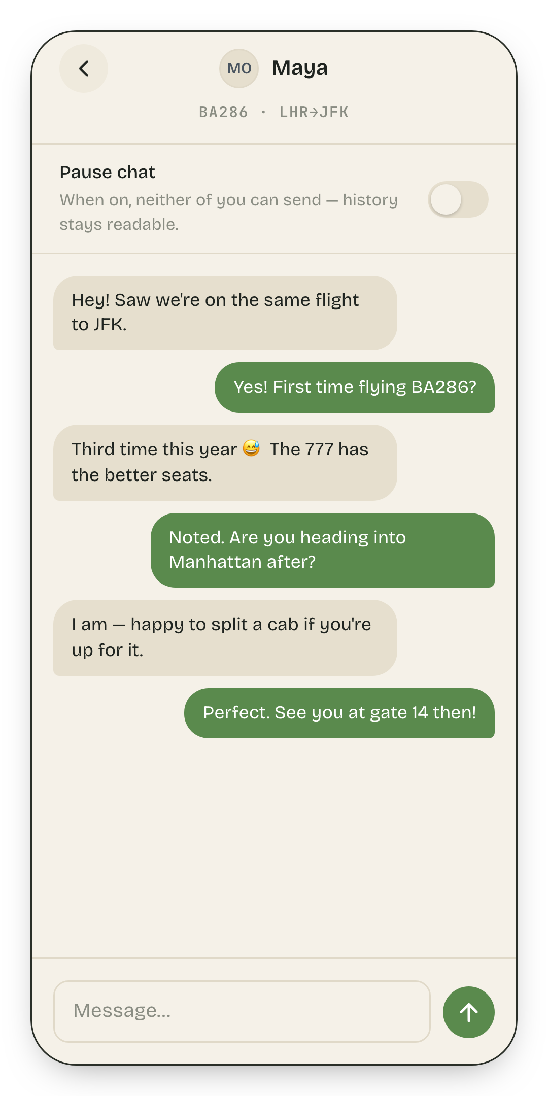 A chat conversation between two travellers on the same flight